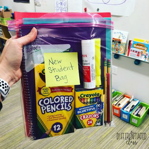 time-saving tips for teachers- new student bag- Gallon size Ziploc bag with student supplies like crayons, pencils, notebooks