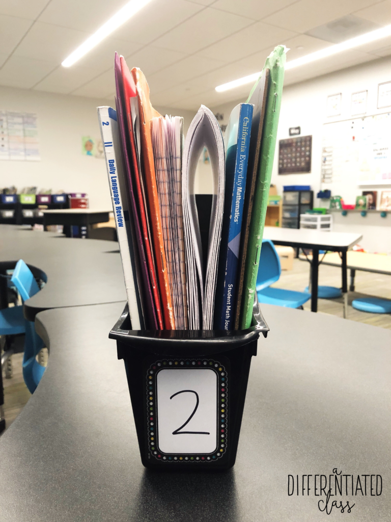 Student book bin labeled with a number