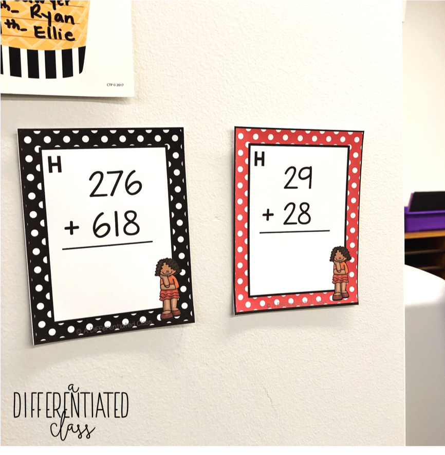Differentiated Instruction Strategies:  Three-digit addition task card next to a two-digit addition task card