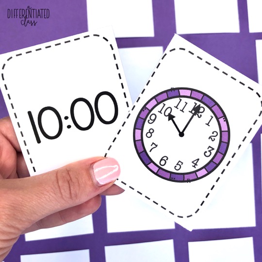 Telling Time Activities Clock Match Game:  one card with the digital time 10:00 and one card with the analog clock showing 10:00
