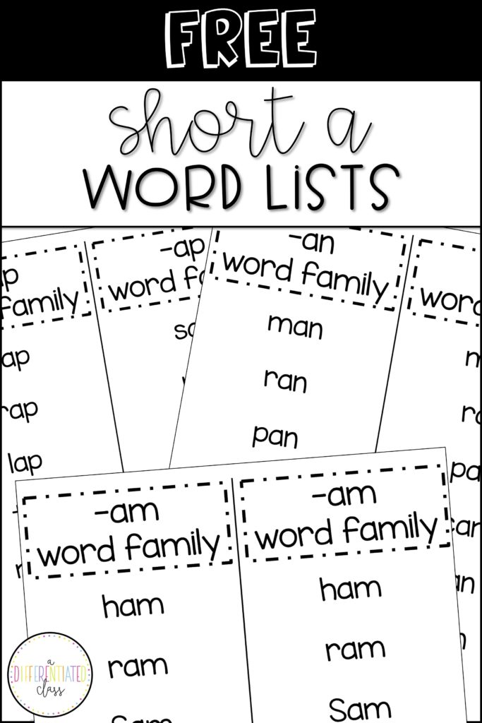 free short a word lists