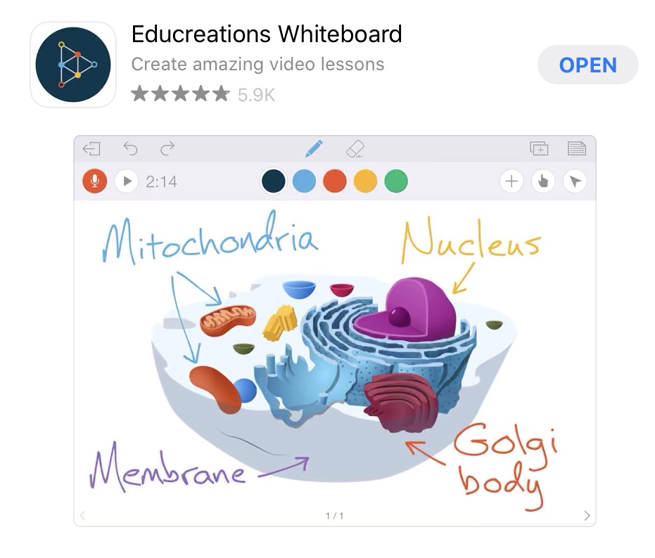 Screenshot of Educreations app with an image of a cell and labels written to show the different parts of the cell