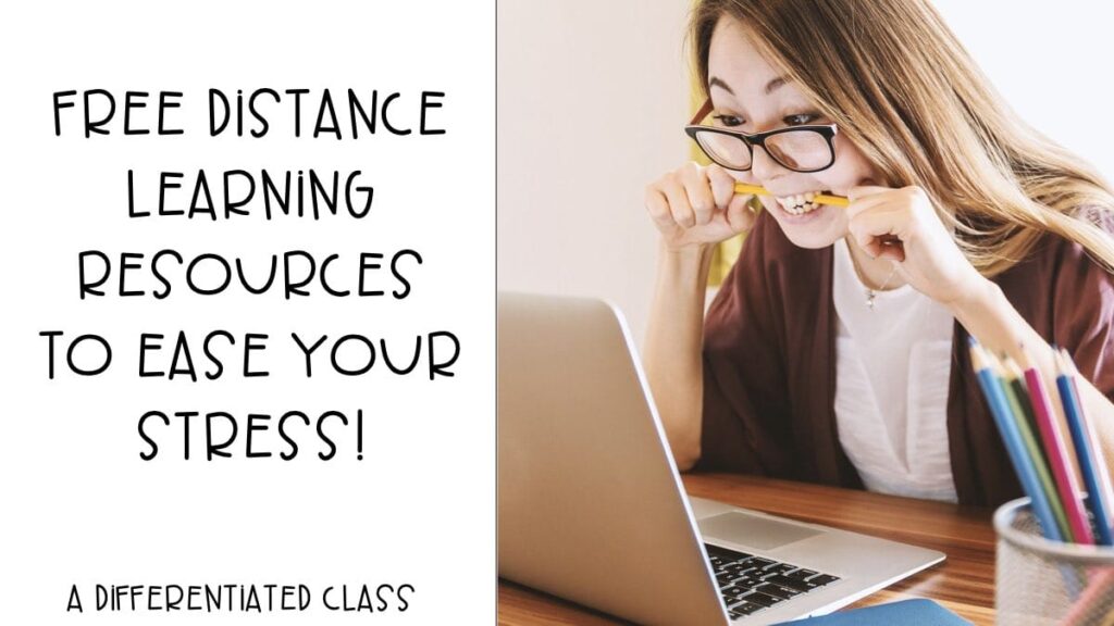 Free Distance Learning Resources to Ease Your Stress- woman looking at a computer and biting a pencil