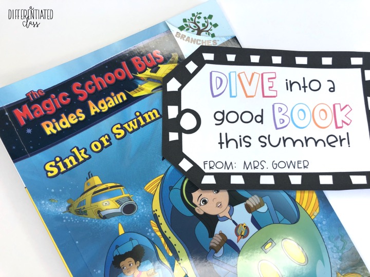 Magic School Bus book with gift tag that says, "dive into a good book this summer!"