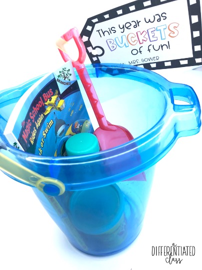 bucket full of end of year student gifts with gift tag that says, "this year was buckets of fun!"