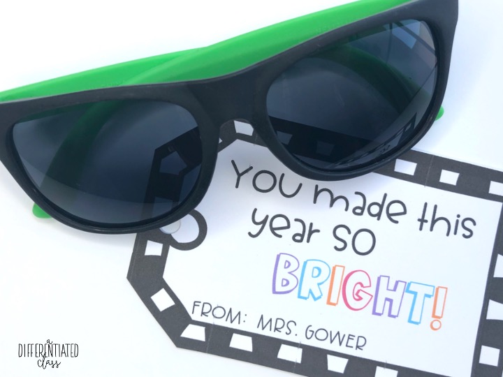 sunglasses with gift tag that says, "you made this year so bright!"