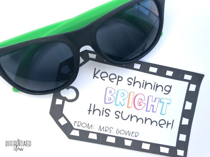 sunglasses with gift tag that says, "keep shining bright this summer!"