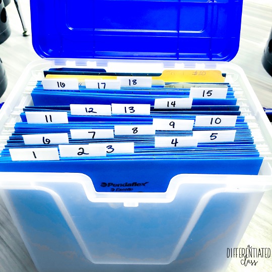 hanging file folder bin with hanging files labeled with numbers
